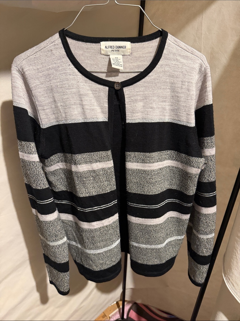 Alfred Dunner Black, Gray, Light Gray and Sparkling Shiny Silver Striped Sweater